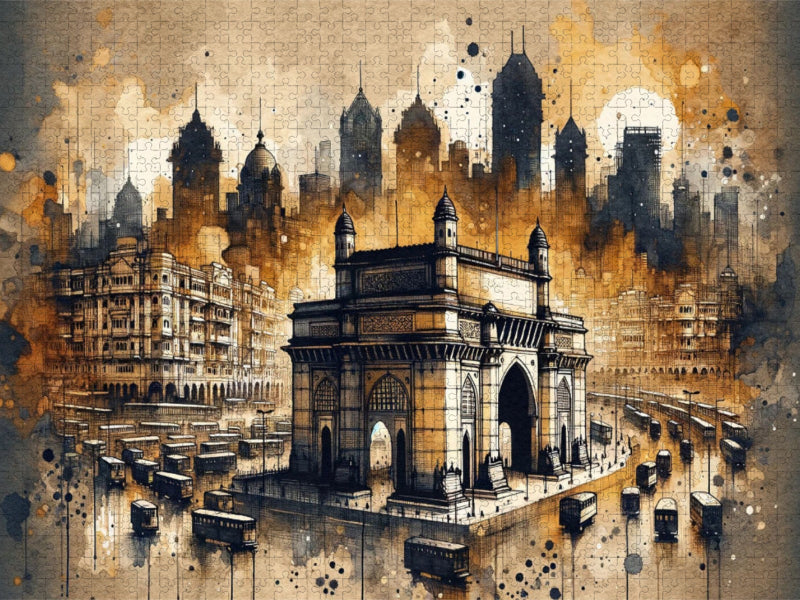 Mumbais Gateway in sepiafarbenen Aquarellschattierungen durch KI erschaffen - CALVENDO Foto-Puzzle'