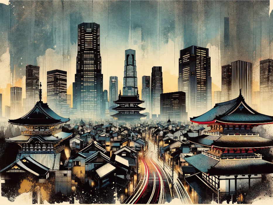 Tokios Zeitenfluss: Tradition trifft Moderne in KI-Aquarell - CALVENDO Foto-Puzzle'