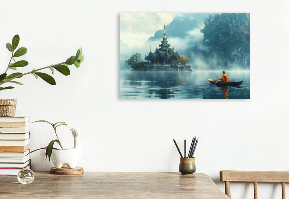 Premium Textil-Leinwand Einsamer buddhistischer Tempel auf einem See am Morgen