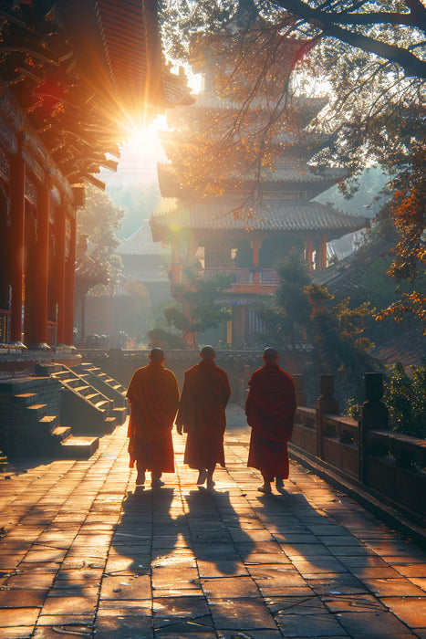 Premium Textil-Leinwand Morgenlicht am buddhistischen Tempel