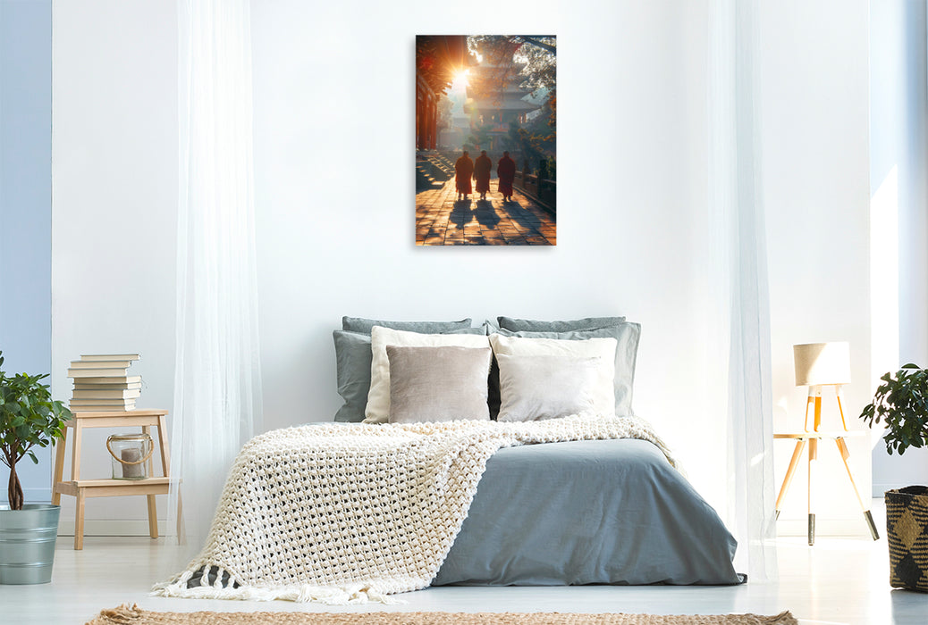 Premium Textil-Leinwand Morgenlicht am buddhistischen Tempel