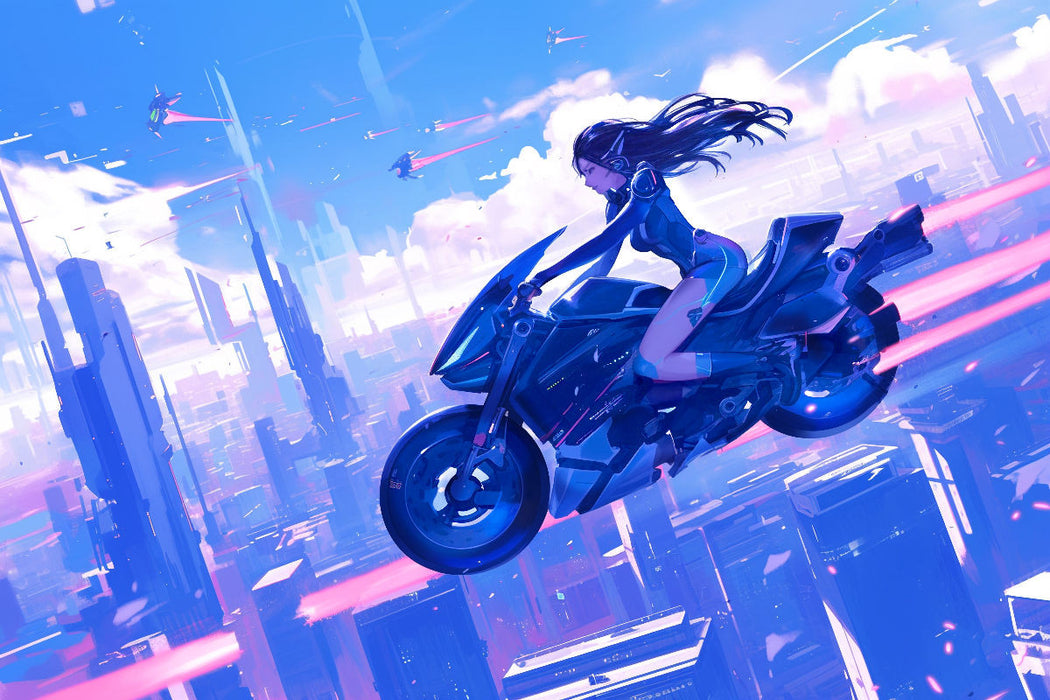 Premium Textil-Leinwand Anime Zukunft - Motorrad mit schöner Frau