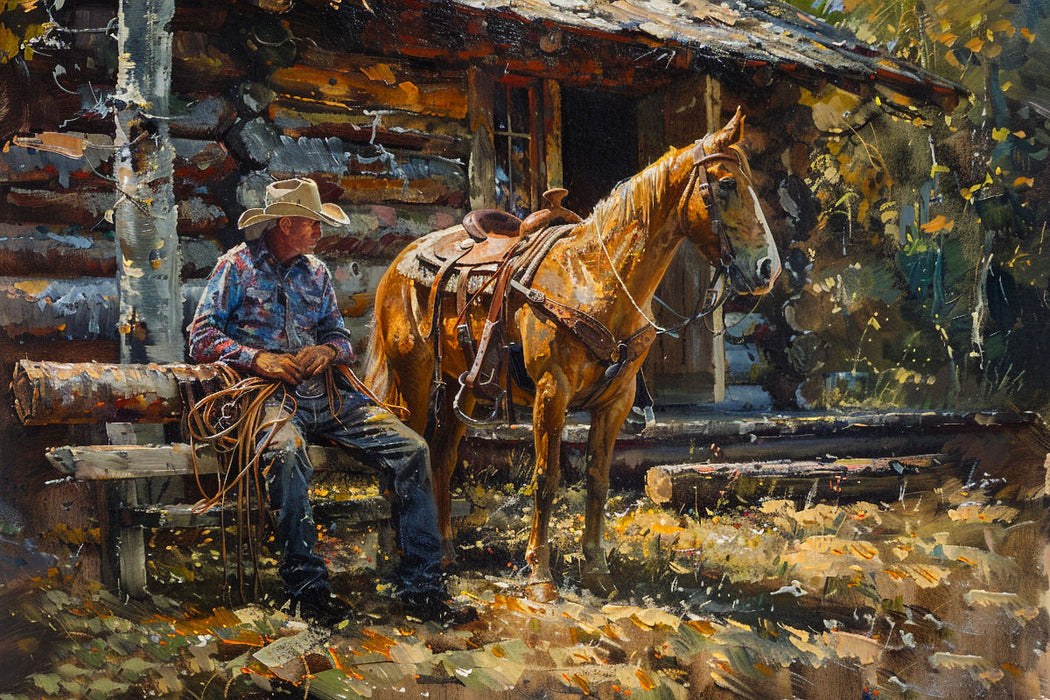 Premium Textil-Leinwand Die Hütte im Wald - Cowboy und sein Pferd
