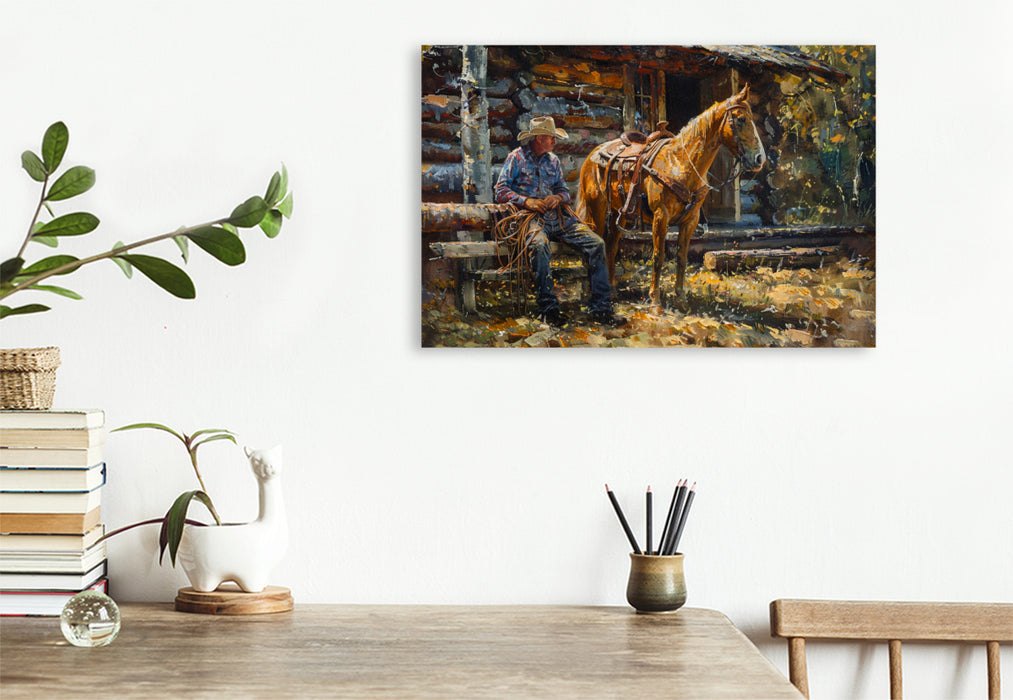 Premium Textil-Leinwand Die Hütte im Wald - Cowboy und sein Pferd