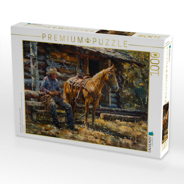 Die Hütte im Wald - Cowboy und sein Pferd - CALVENDO Foto-Puzzle'