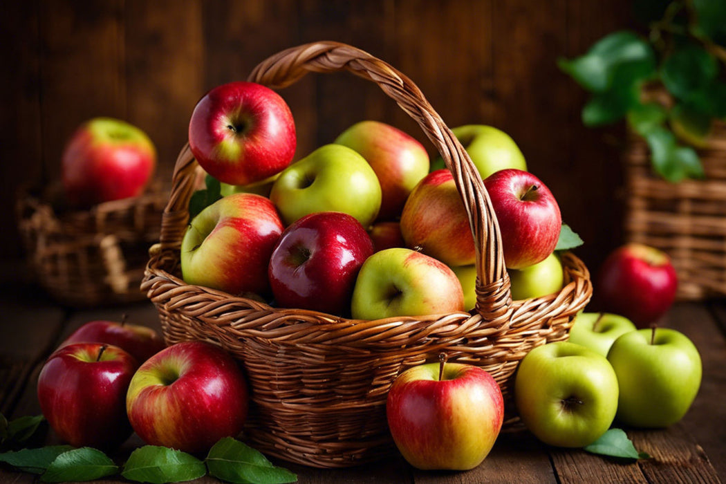 Premium Textil-Leinwand Erntezeit - Korb mit frischen Äpfeln