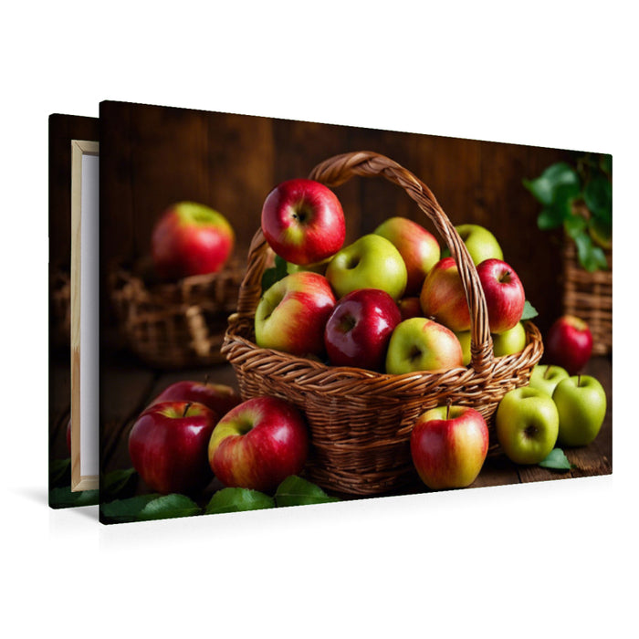 Premium Textil-Leinwand Erntezeit - Korb mit frischen Äpfeln