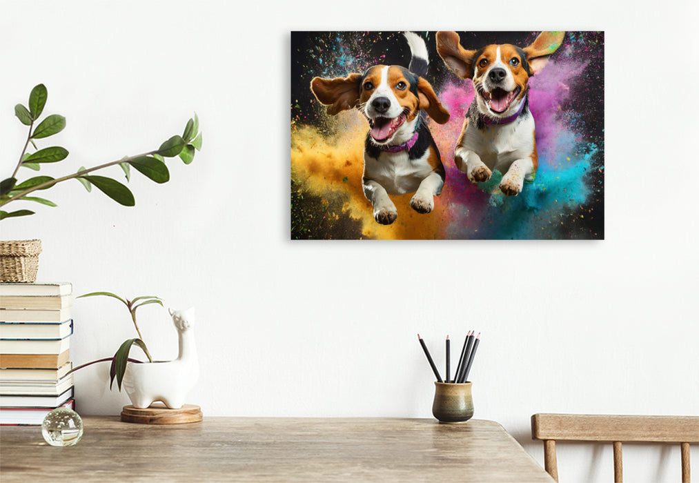 Premium Textil-Leinwand Zwei Beagle springen in einer bunten Holi Pulver Farbwolke