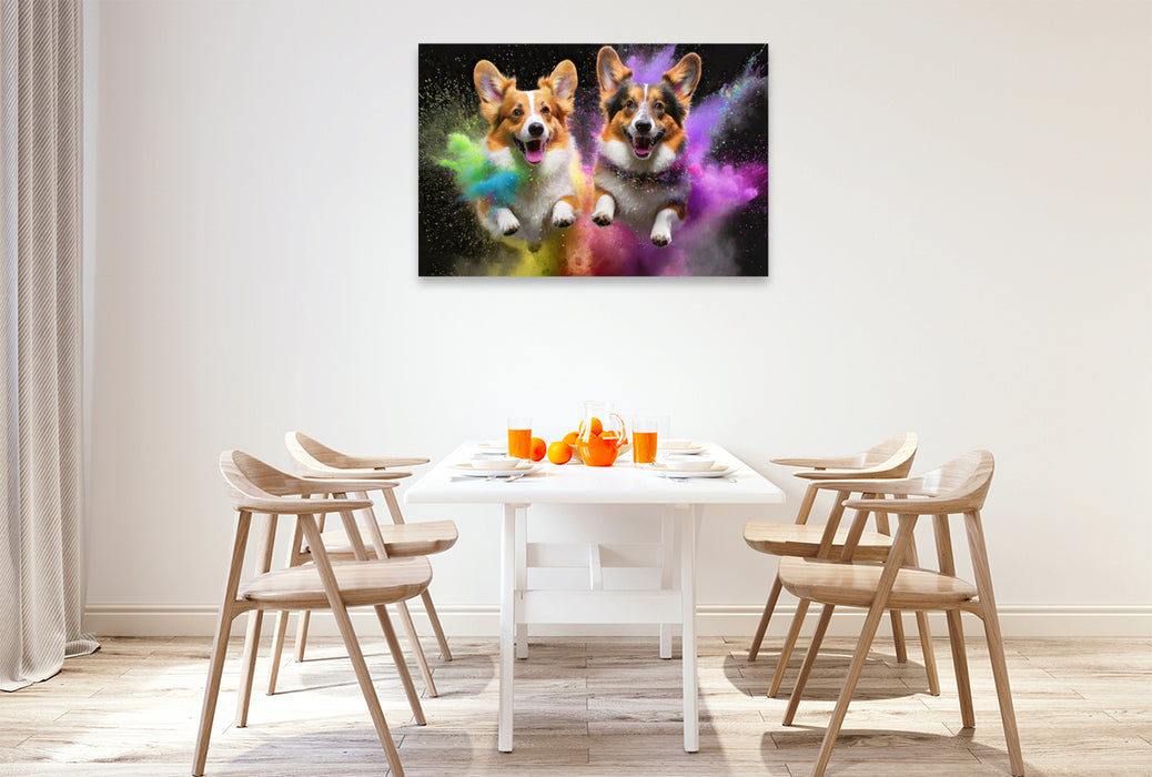 Premium Textil-Leinwand Zwei Welsh Corgi Pembroke springen in einer bunten Holi Pulver Farbwolke