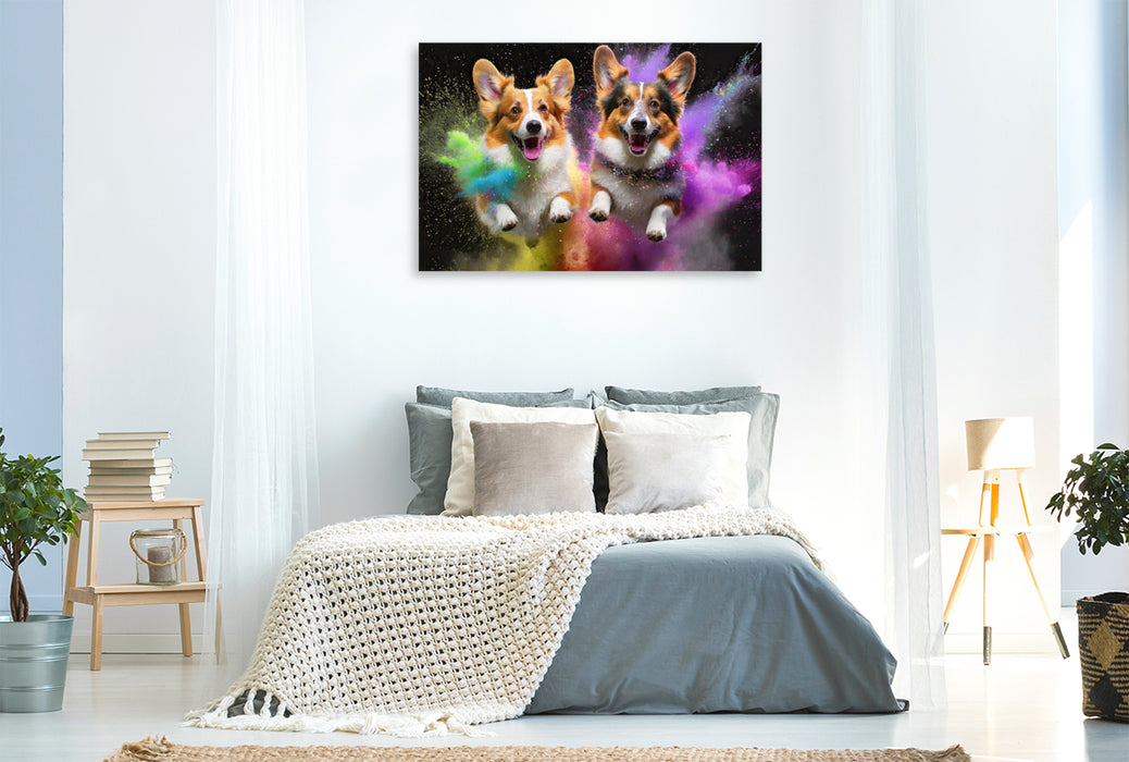 Premium Textil-Leinwand Zwei Welsh Corgi Pembroke springen in einer bunten Holi Pulver Farbwolke