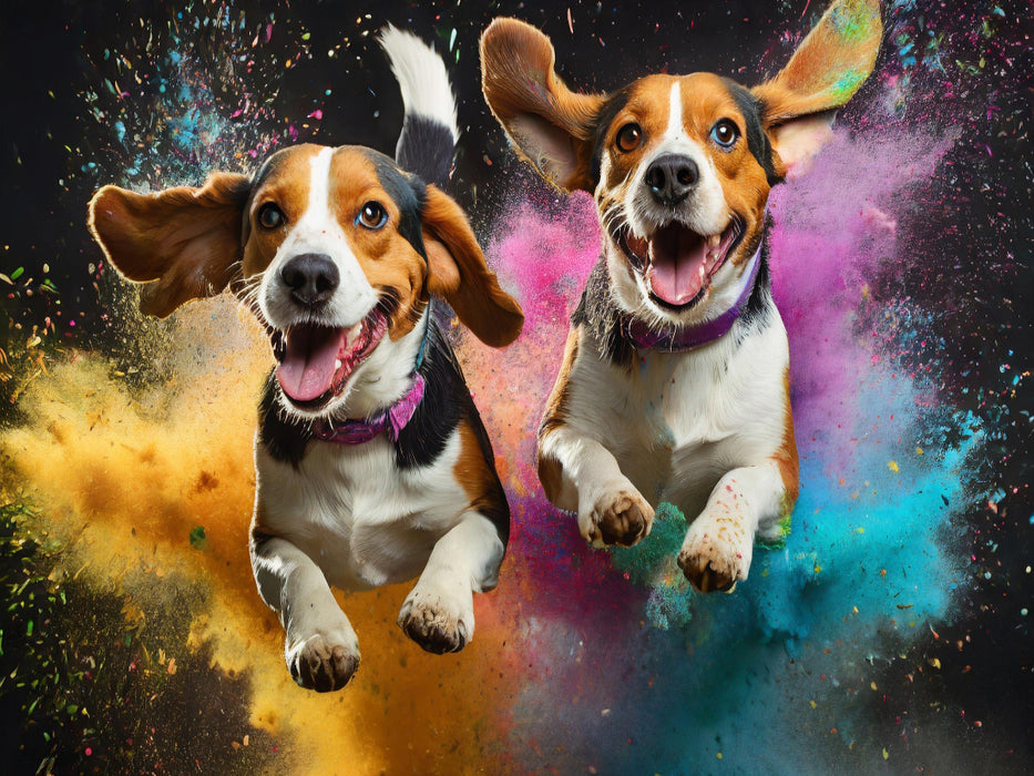 Zwei Beagle springen in einer bunten Holi Pulver Farbwolke - CALVENDO Foto-Puzzle'