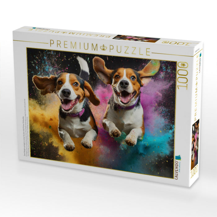 Zwei Beagle springen in einer bunten Holi Pulver Farbwolke - CALVENDO Foto-Puzzle'