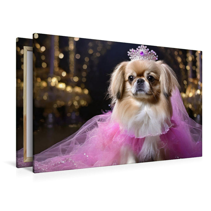 Premium Textil-Leinwand Pekinese trägt pinkfarbenes Abendkleid mit Krone