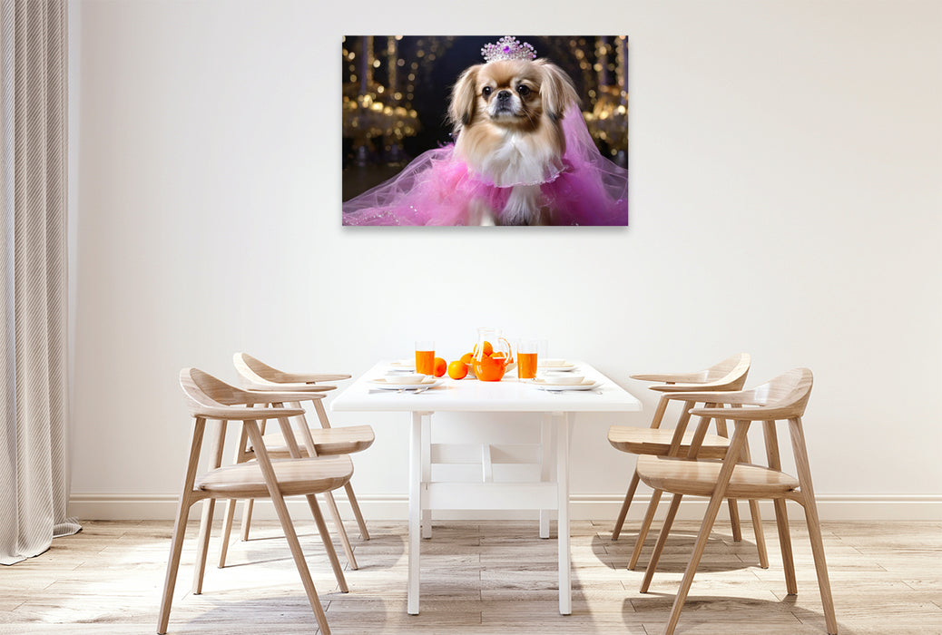 Premium Textil-Leinwand Pekinese trägt pinkfarbenes Abendkleid mit Krone