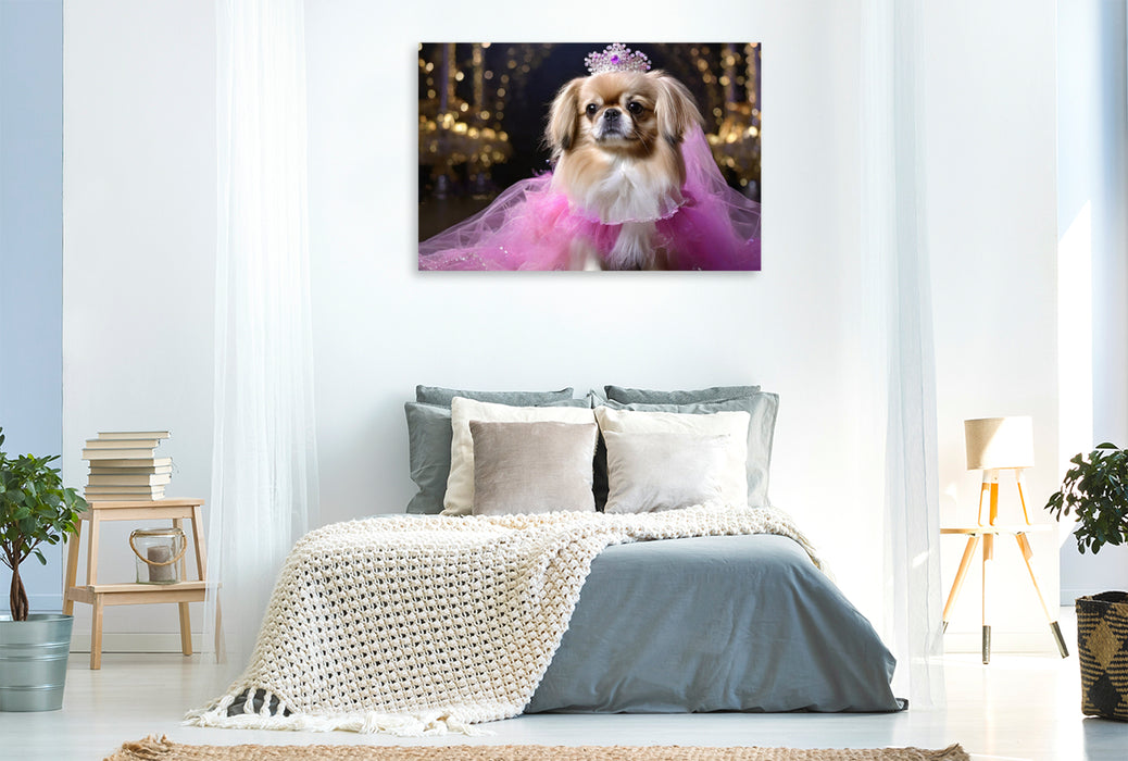 Premium Textil-Leinwand Pekinese trägt pinkfarbenes Abendkleid mit Krone