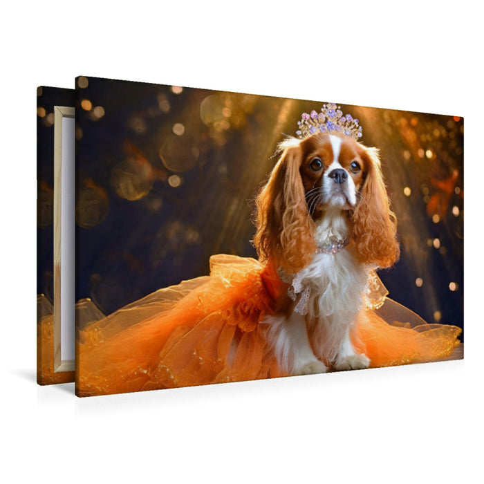 Premium Textil-Leinwand Cavalier King Charles Spaniel trägt orangefarbenes Abendkleid mit Tüll und Krone