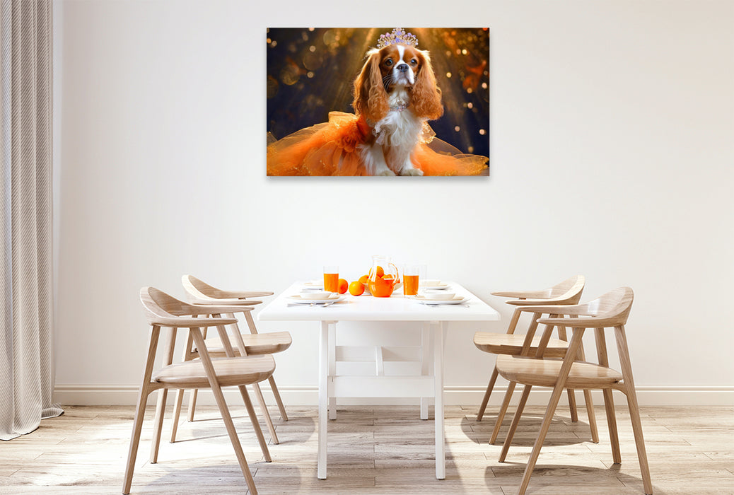 Premium Textil-Leinwand Cavalier King Charles Spaniel trägt orangefarbenes Abendkleid mit Tüll und Krone