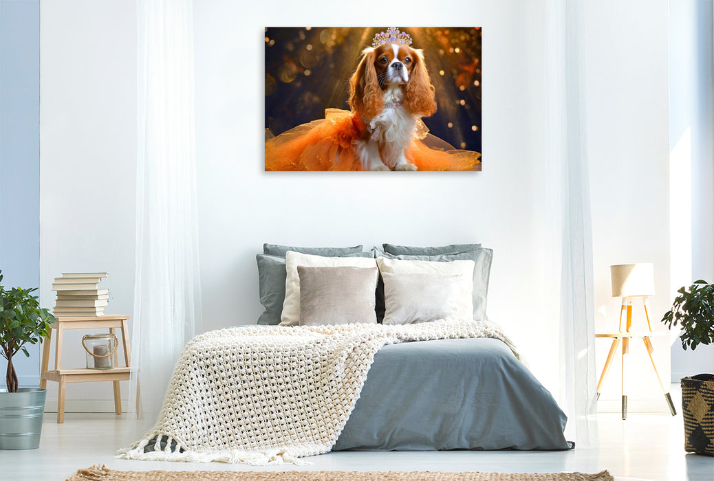 Premium Textil-Leinwand Cavalier King Charles Spaniel trägt orangefarbenes Abendkleid mit Tüll und Krone