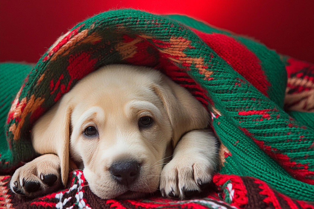 Premium Textil-Leinwand Ein müder Labrador Retriever Welpe liegt unter einer rot grünen Decke