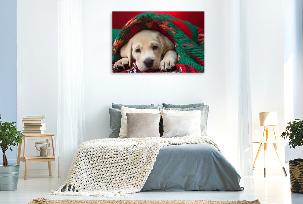 Premium Textil-Leinwand Ein müder Labrador Retriever Welpe liegt unter einer rot grünen Decke