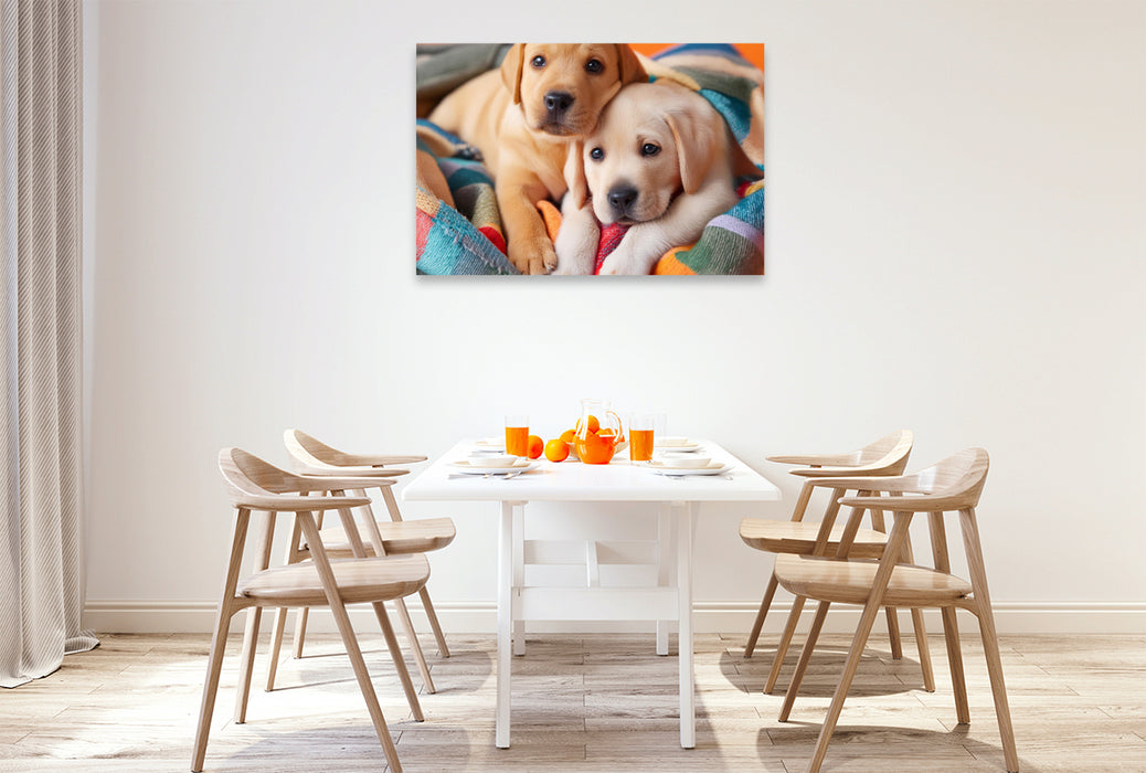 Premium Textil-Leinwand Eingekuschelt in eine bunte Decke liegen zwei Labrador Retriever Welpen nebeneinander