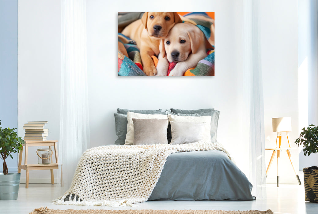 Premium Textil-Leinwand Eingekuschelt in eine bunte Decke liegen zwei Labrador Retriever Welpen nebeneinander