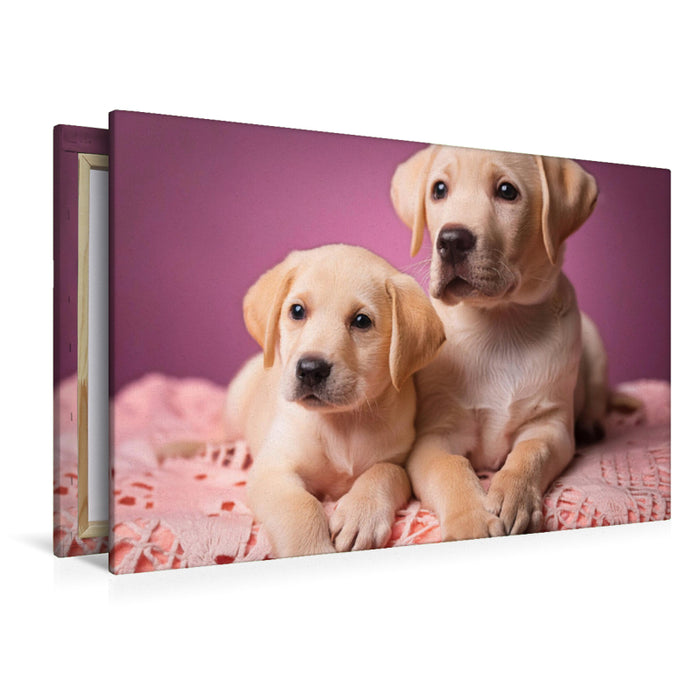 Premium Textil-Leinwand Zwei Labrador Retriever Welpen kuscheln auf einer rosafarbenen Decke