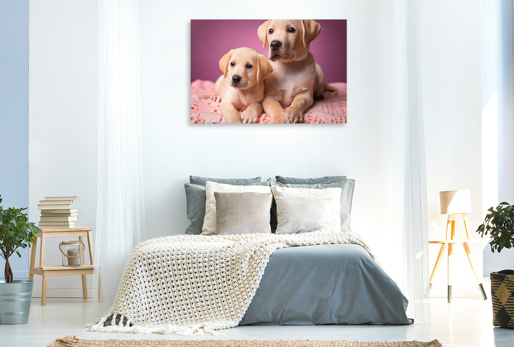 Premium Textil-Leinwand Zwei Labrador Retriever Welpen kuscheln auf einer rosafarbenen Decke