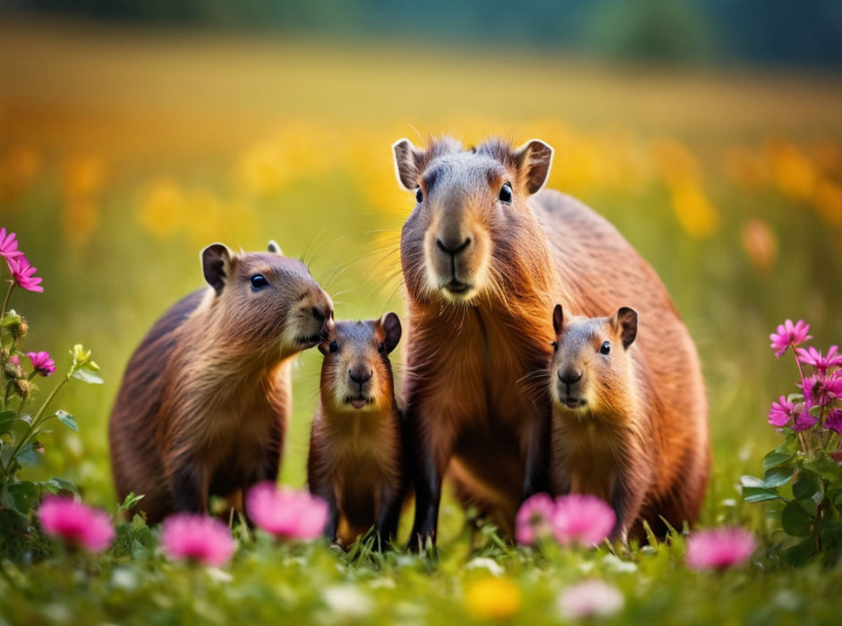 Familie Wasserschwein auf bunter Blumenwiese - CALVENDO Foto-Puzzle'
