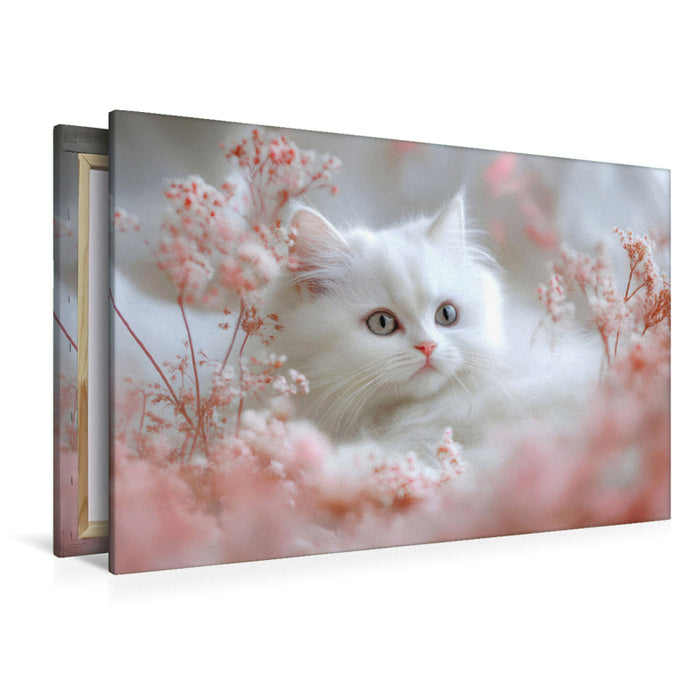 Premium Textil-Leinwand Weisse Katze in rosa Blumen