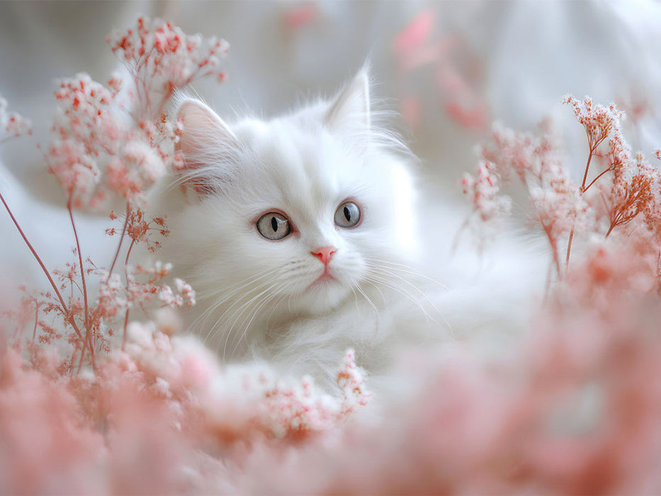 Weisse Katze in rosa Blumen - CALVENDO Foto-Puzzle'