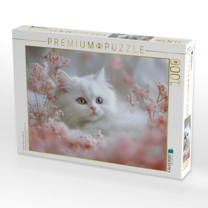 Weisse Katze in rosa Blumen - CALVENDO Foto-Puzzle'