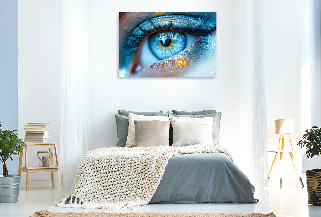 Premium Textil-Leinwand Himmelblaue Augen mit glitzernder Iris