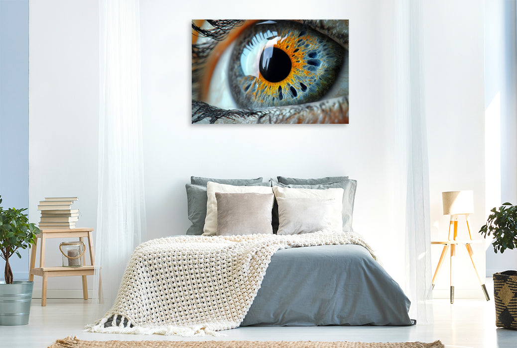 Premium Textil-Leinwand Stahlblaue Augen mit orangefarbenen Iris-Akzenten