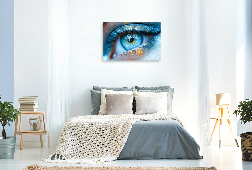 Premium Textil-Leinwand Himmelblaue Augen mit glitzernder Iris