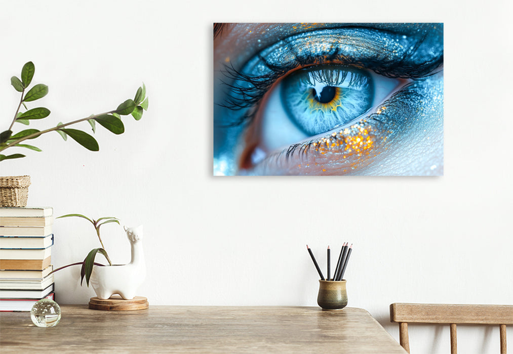 Premium Textil-Leinwand Himmelblaue Augen mit glitzernder Iris
