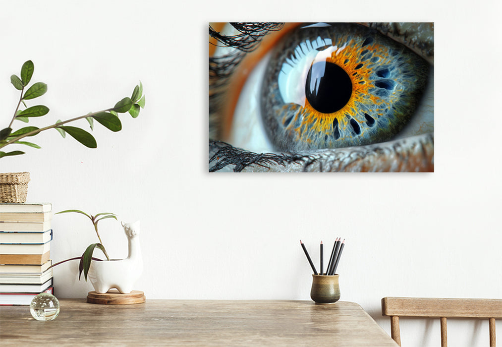 Premium Textil-Leinwand Stahlblaue Augen mit orangefarbenen Iris-Akzenten