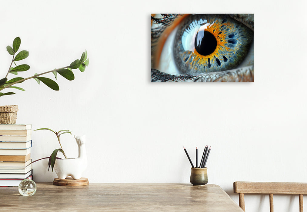 Premium Textil-Leinwand Stahlblaue Augen mit orangefarbenen Iris-Akzenten