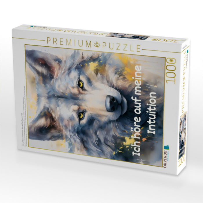 Hör auf deine Intuition mit dem Wolf im Aquarell Stil - CALVENDO Foto-Puzzle'