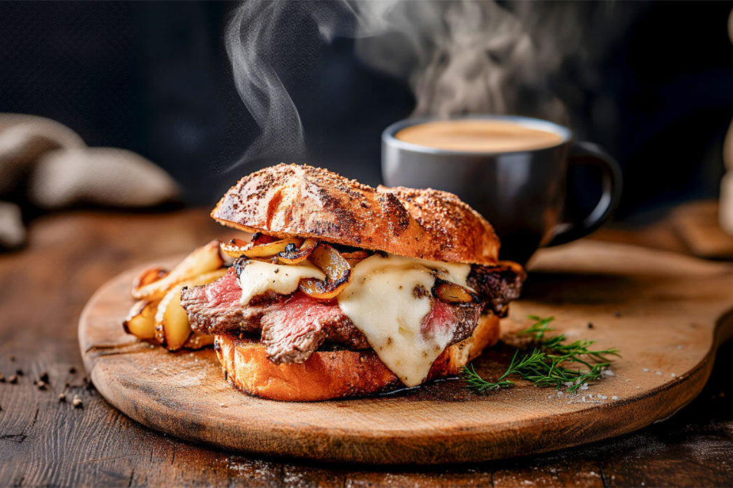 Premium Textil-Leinwand Einfach nur lecker - dünn gebratene Rinderfiletstreifen, mit Käse überbacken und gedünsteten Zwiebelstückchen auf einem knusprigen italienischen Brötchen