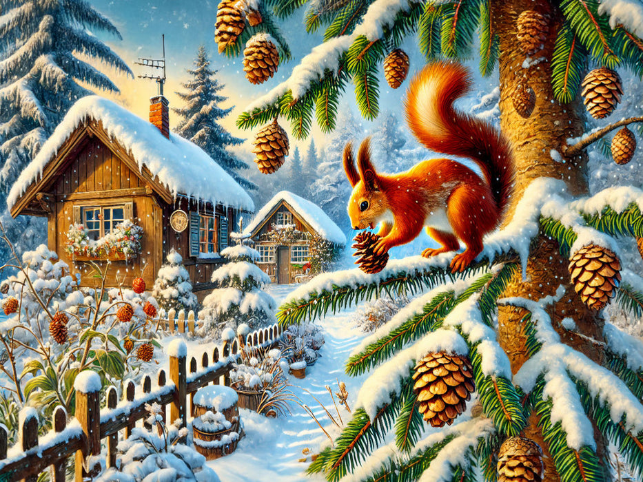 Eichhörnchen holt sich die Zapfen am Tannenbaum im Winter - CALVENDO Foto-Puzzle'