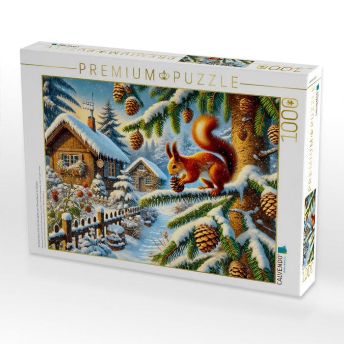 Eichhörnchen holt sich die Zapfen am Tannenbaum im Winter - CALVENDO Foto-Puzzle'
