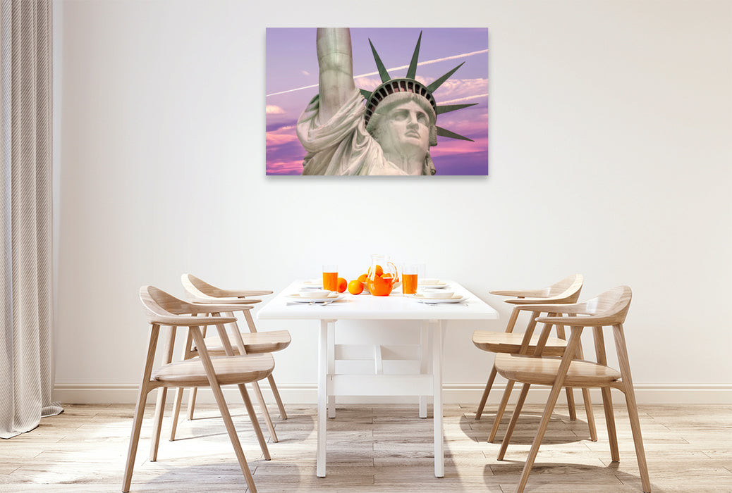 Premium Textil-Leinwand NEW YORK CITY Freiheitsstatue bei Sonnenuntergang