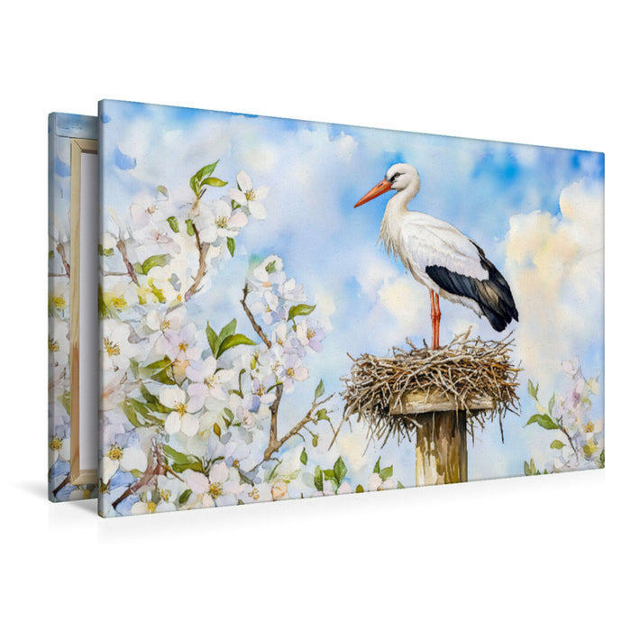 Premium Textil-Leinwand Weißstorch auf dem Horst im Frühling Aquarellmalerei