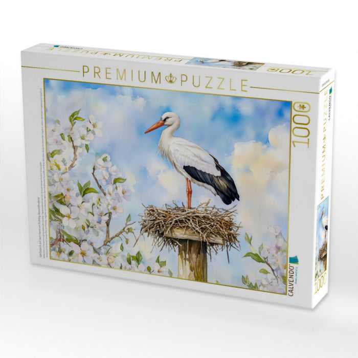 Weißstorch auf dem Horst im Frühling Aquarellmalerei - CALVENDO Foto-Puzzle'