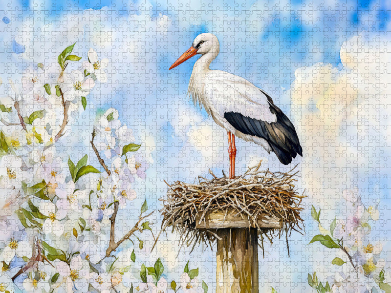 Weißstorch auf dem Horst im Frühling Aquarellmalerei - CALVENDO Foto-Puzzle'