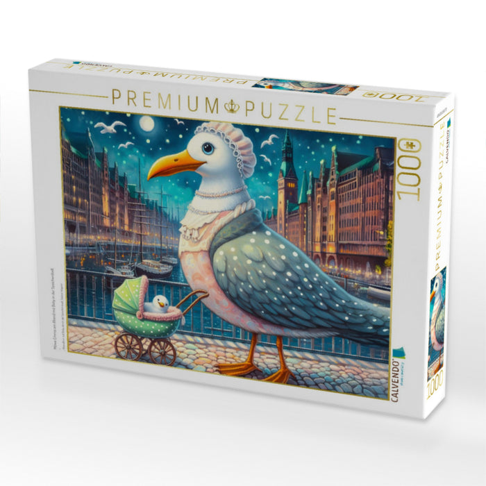 Möwe Emma am Abend mit Baby in der Speicherstadt - CALVENDO Foto-Puzzle'