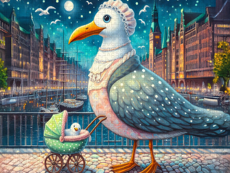 Möwe Emma am Abend mit Baby in der Speicherstadt - CALVENDO Foto-Puzzle'