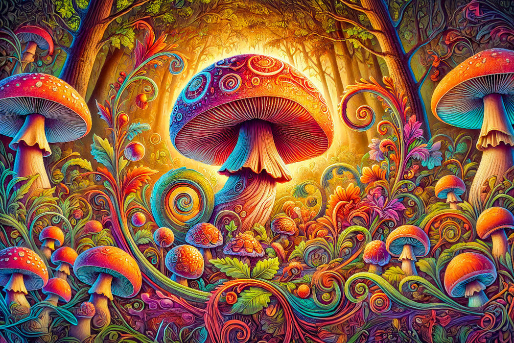 Premium Textil-Leinwand Märchenpilz in magischer Welt einer traumhaften Fantasielandschaft