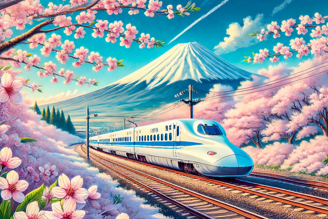 Premium Textil-Leinwand Hochgeschwindigkeitszug vor dem Fujiyama